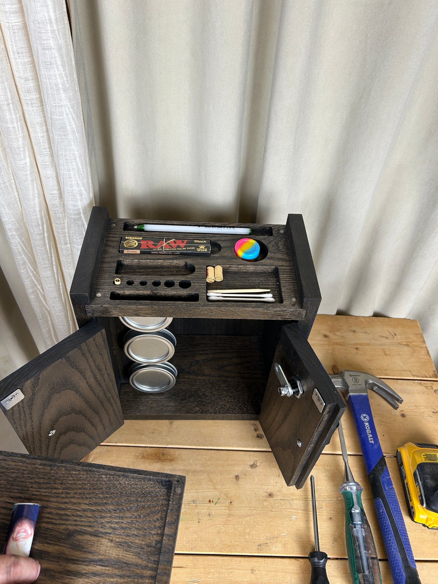 Home organization gift set including two handcrafted lockable cabinets that provide decorative storage for modern homes.