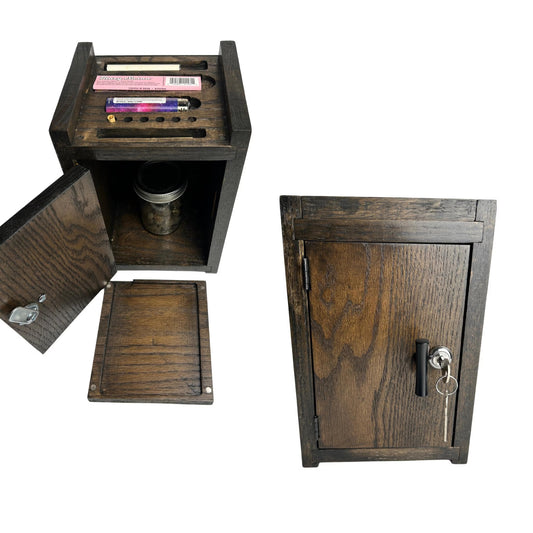 A handcrafted oak cabinet designed as Home Decor, offering compact and stylish storage for small spaces like nightstands or shelves.