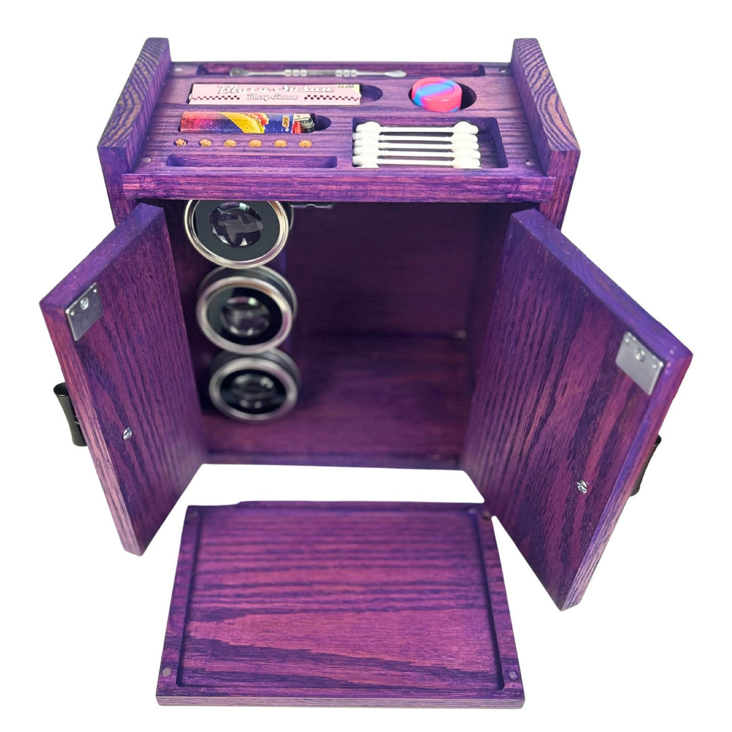Purple wooden box with compartments on a white background