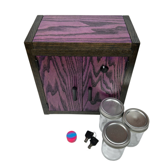 A handcrafted Wood Box made from solid oak with a deep blue and black finish, opened to reveal neatly arranged storage jars inside.