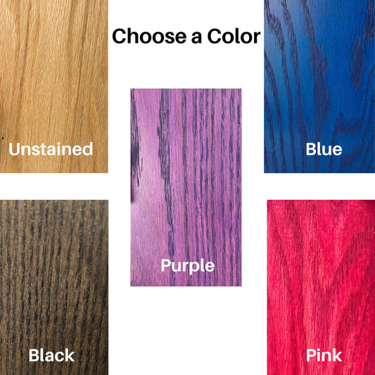 Color swatches labeled 'Unstained', 'Blue', 'Purple', 'Black', and 'Pink' on a white background.