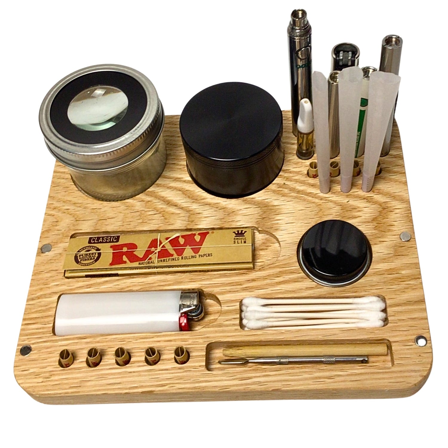 Hardwood Rolling Stations with magnetized tray lids and compartments for all your herb, tobacco, and flower essentials—organized, stylish, and built to last.