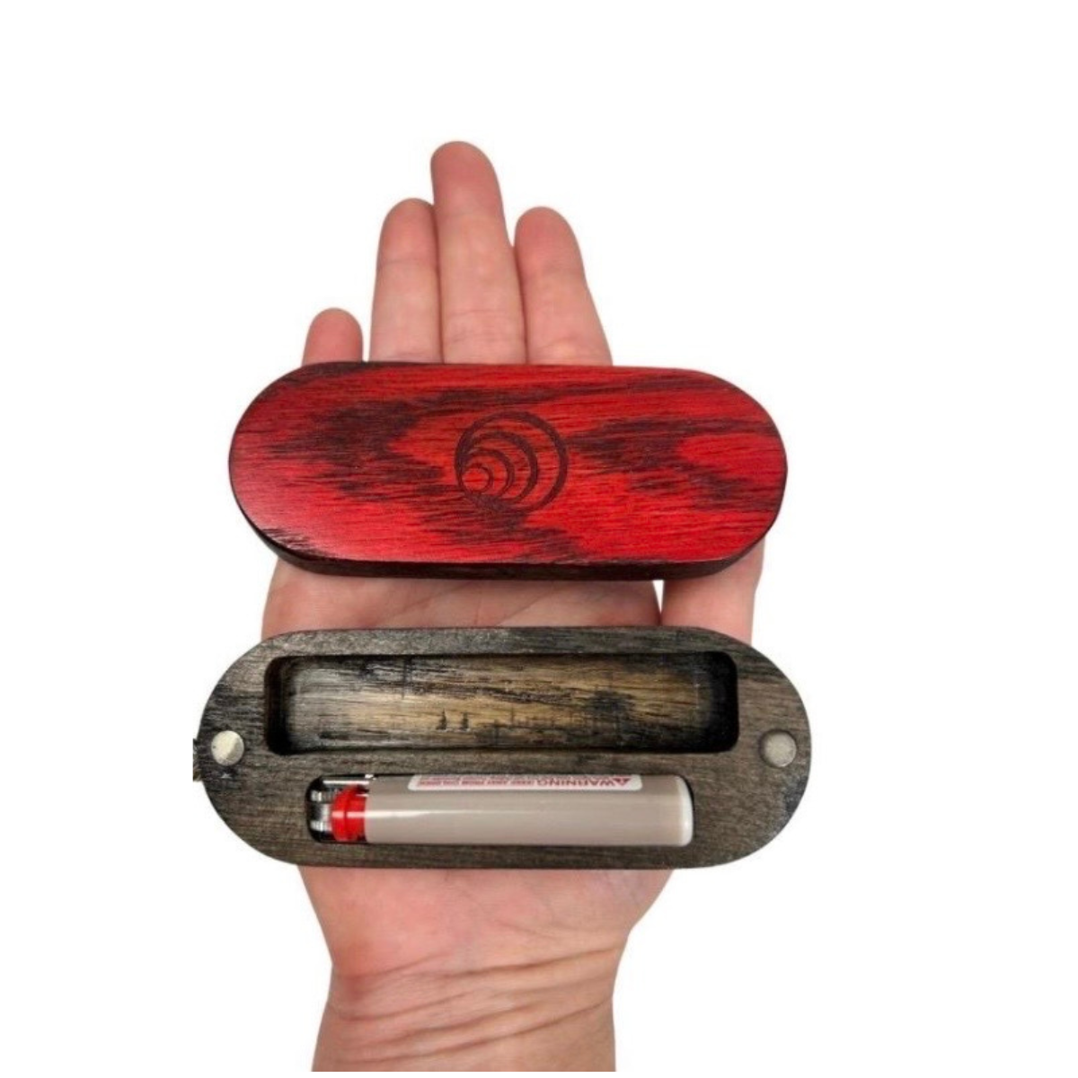 Wooden case with a red interior held in a hand, displaying a lighter inside.
