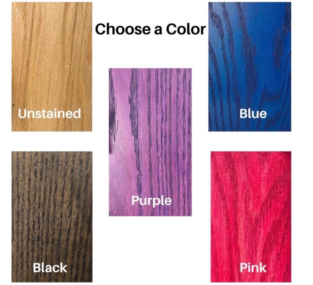 Color swatches for wood finishes including unstained, blue, purple, black, and pink.
