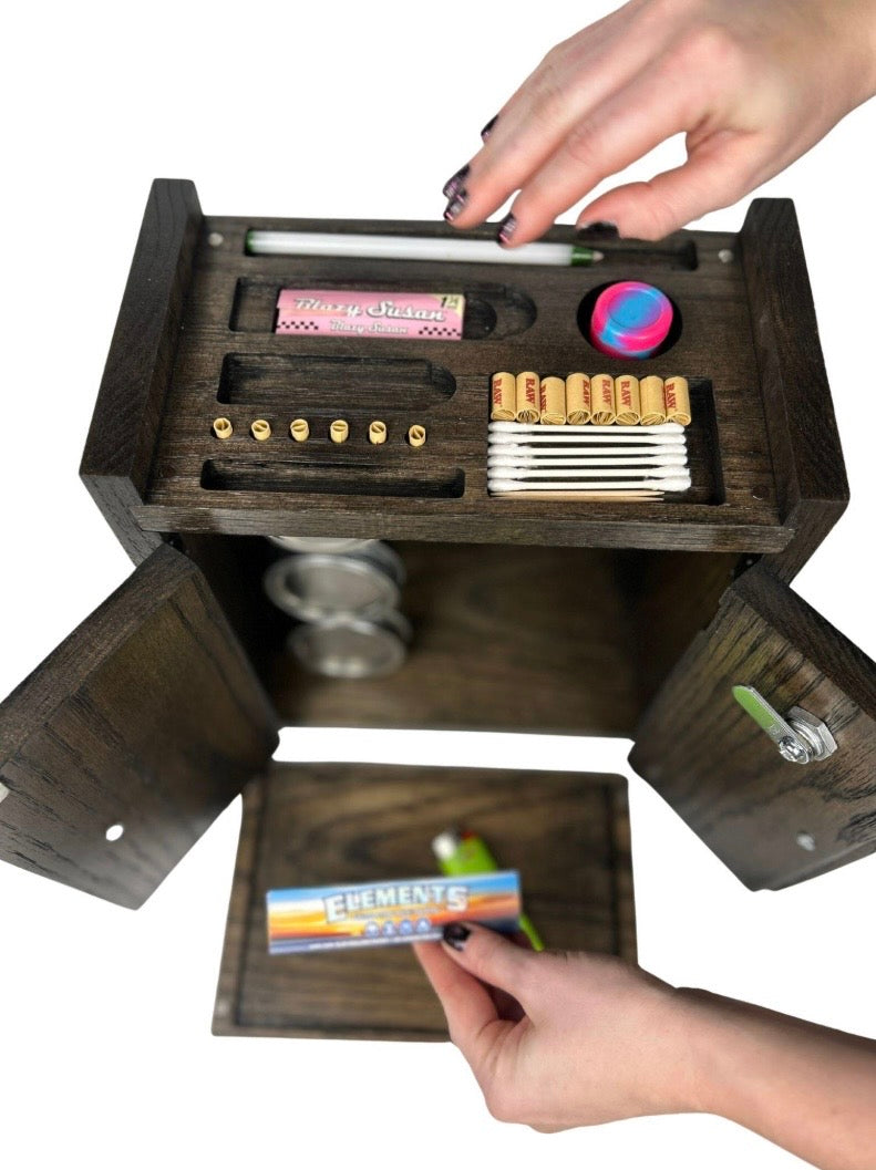     Elegant home organization gift set with natural wood cabinets designed to support intentional and organized living.