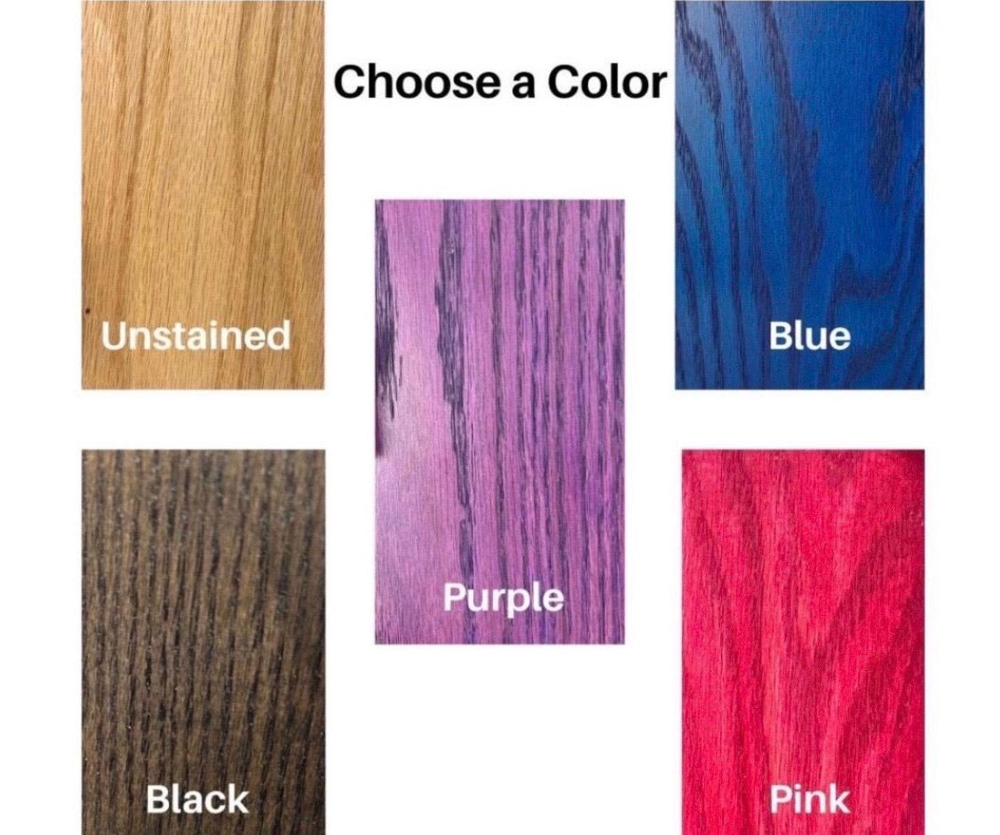 Color swatches for stain color options including unstained, blue, purple, black, and pink.