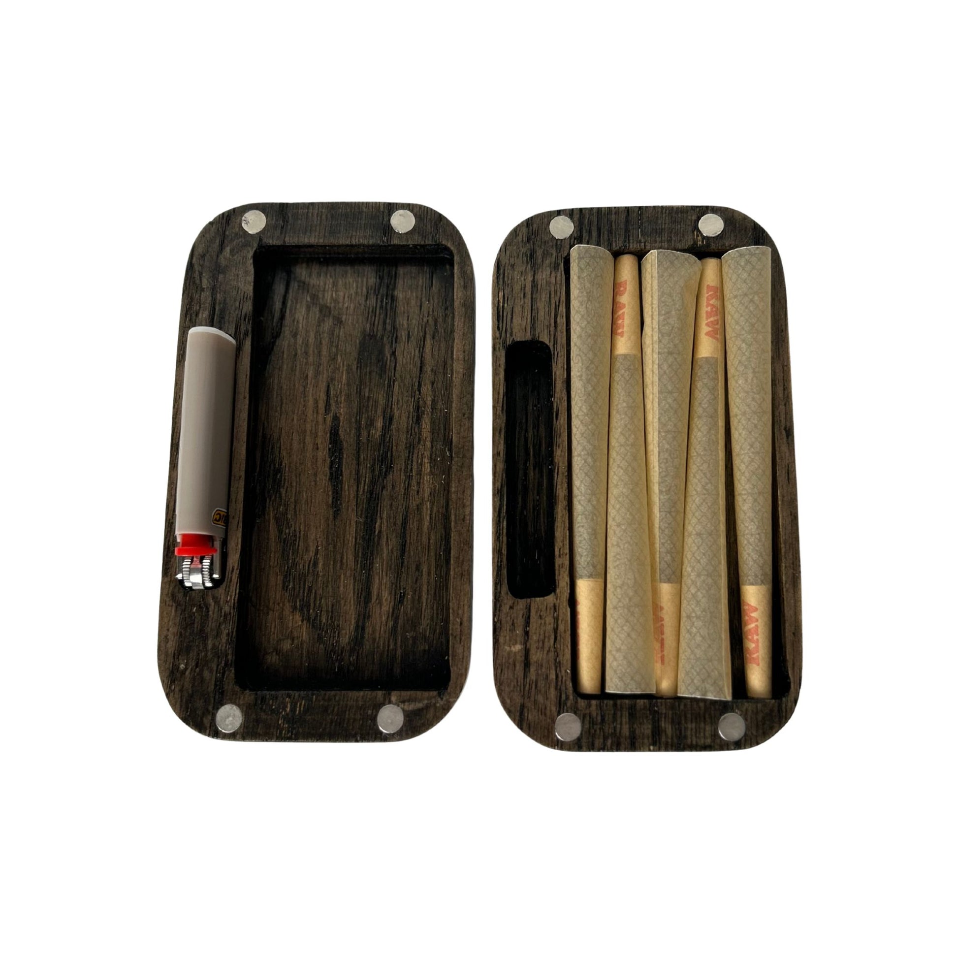 Wooden case with a lighter and three rollups inside on a white background