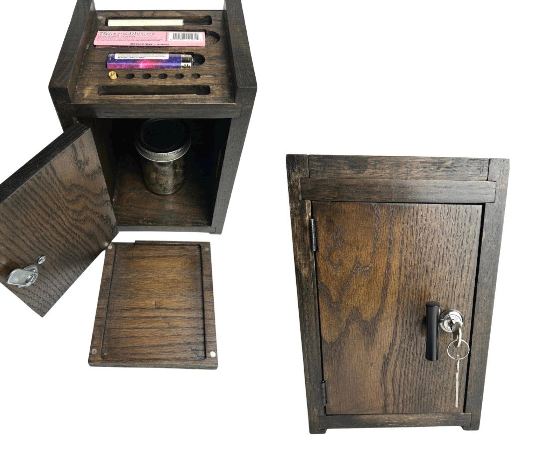     Home organization gift set showcasing handcrafted wooden cabinets that combine secure storage with decorative home accents.