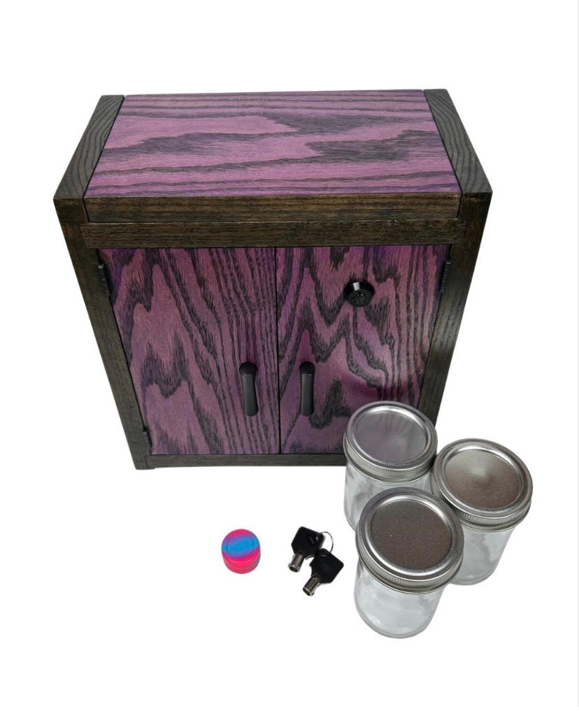Purple Home organization gift set featuring matching wooden storage cabinets with locking doors and a timeless natural finish.