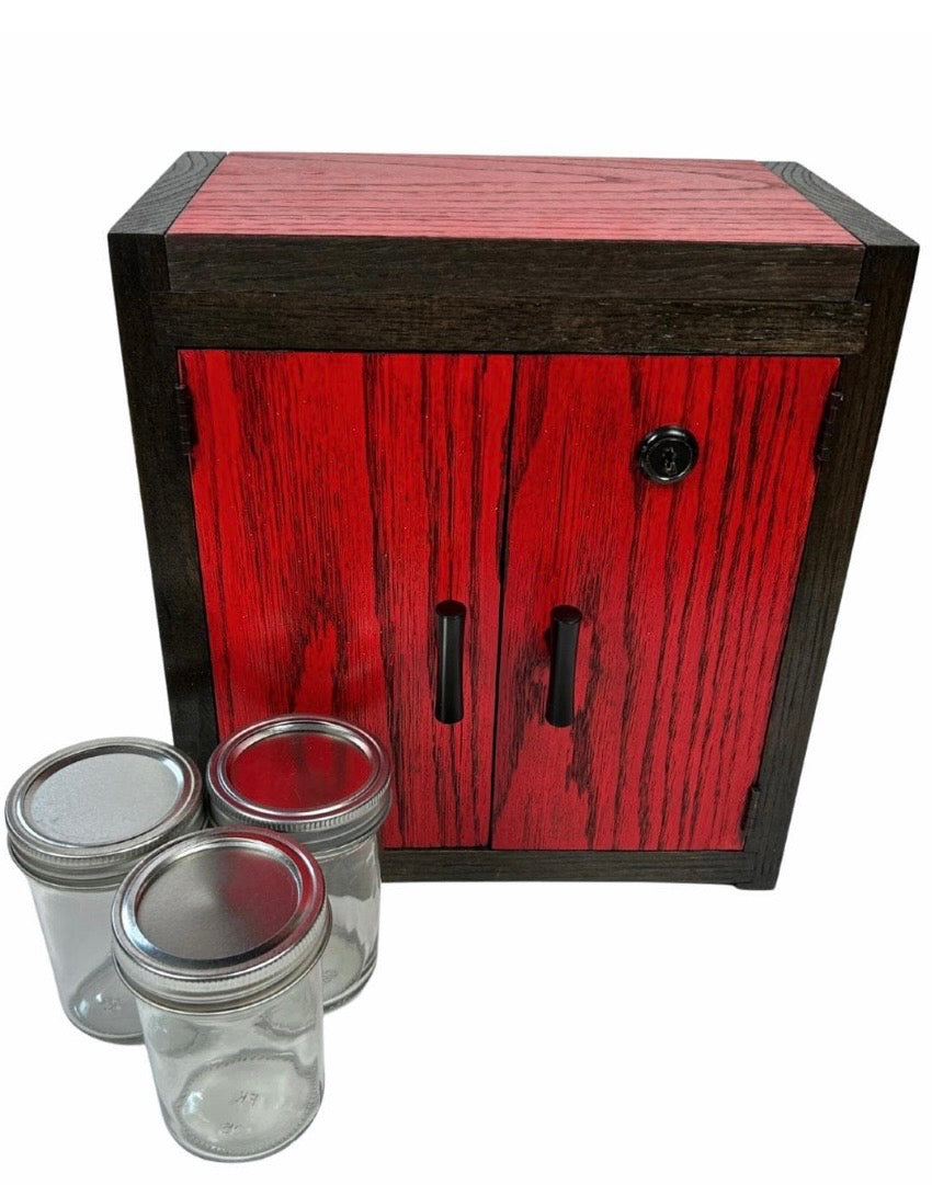Red Handcrafted home organization gift set including lockable wood cabinets for stylish storage in apartments and small homes.