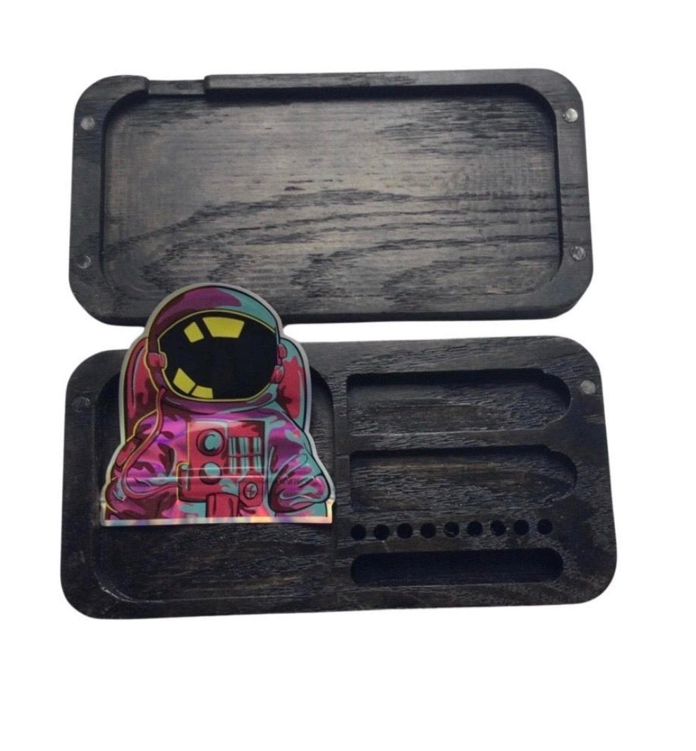 Black wooden rolling tray gift set with a colorful astronaut magnet on a white background