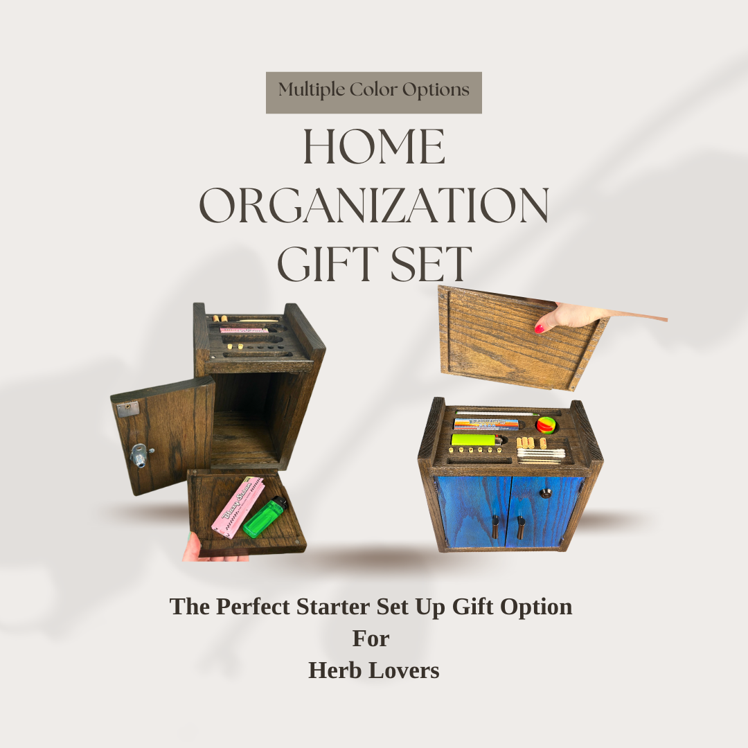     Home organization gift set featuring a handcrafted wooden 2 door lockable cabinet and matching 1 door apartment storage cabinet.