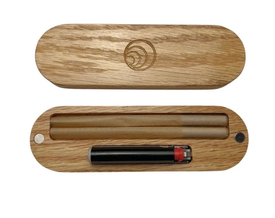 Wooden lighter case for two king sized pre rolls or cigars on a white background