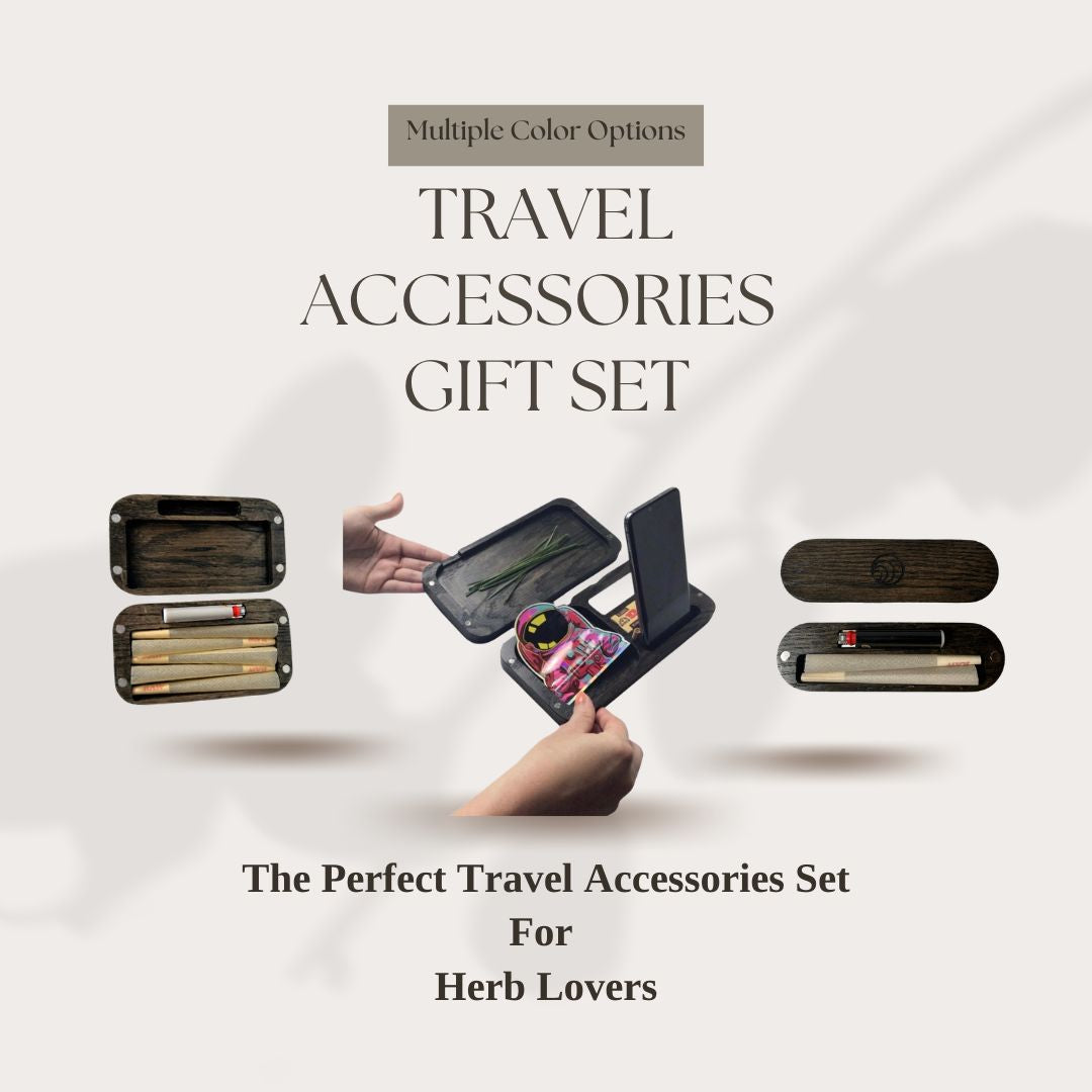 Travel accessories gift set for herb lovers with multiple color options on a light gray background.