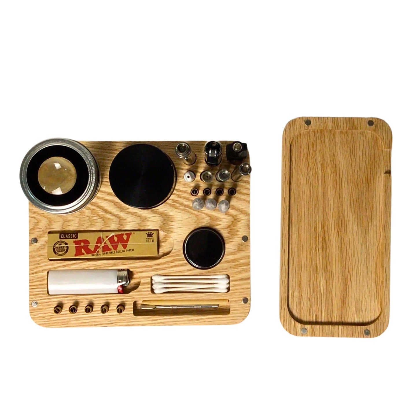 A beautifully crafted solid oak handmade gift rolling station, featuring a removable tray and organized compartments for daily use.