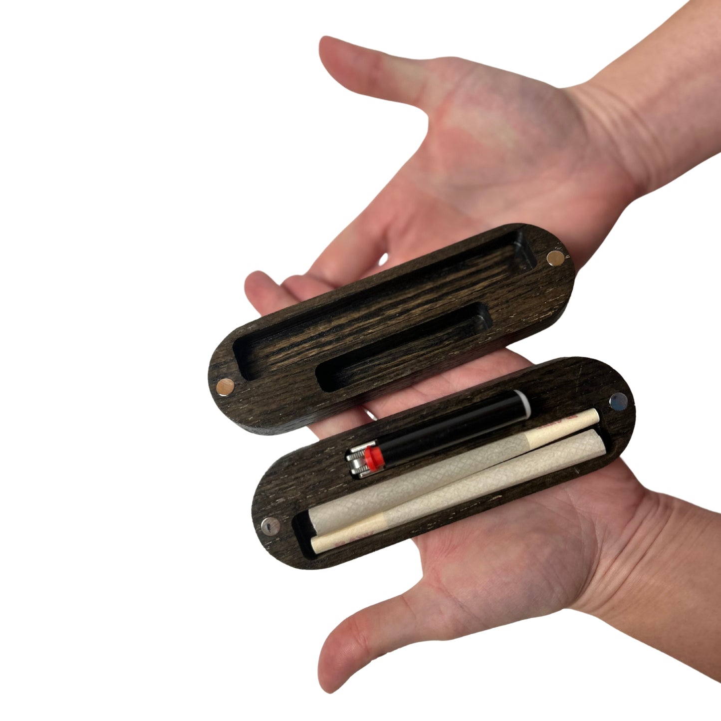 Compact Lighter Case featuring a built-in mini Bic slot that doubles as a secure locking mechanism.