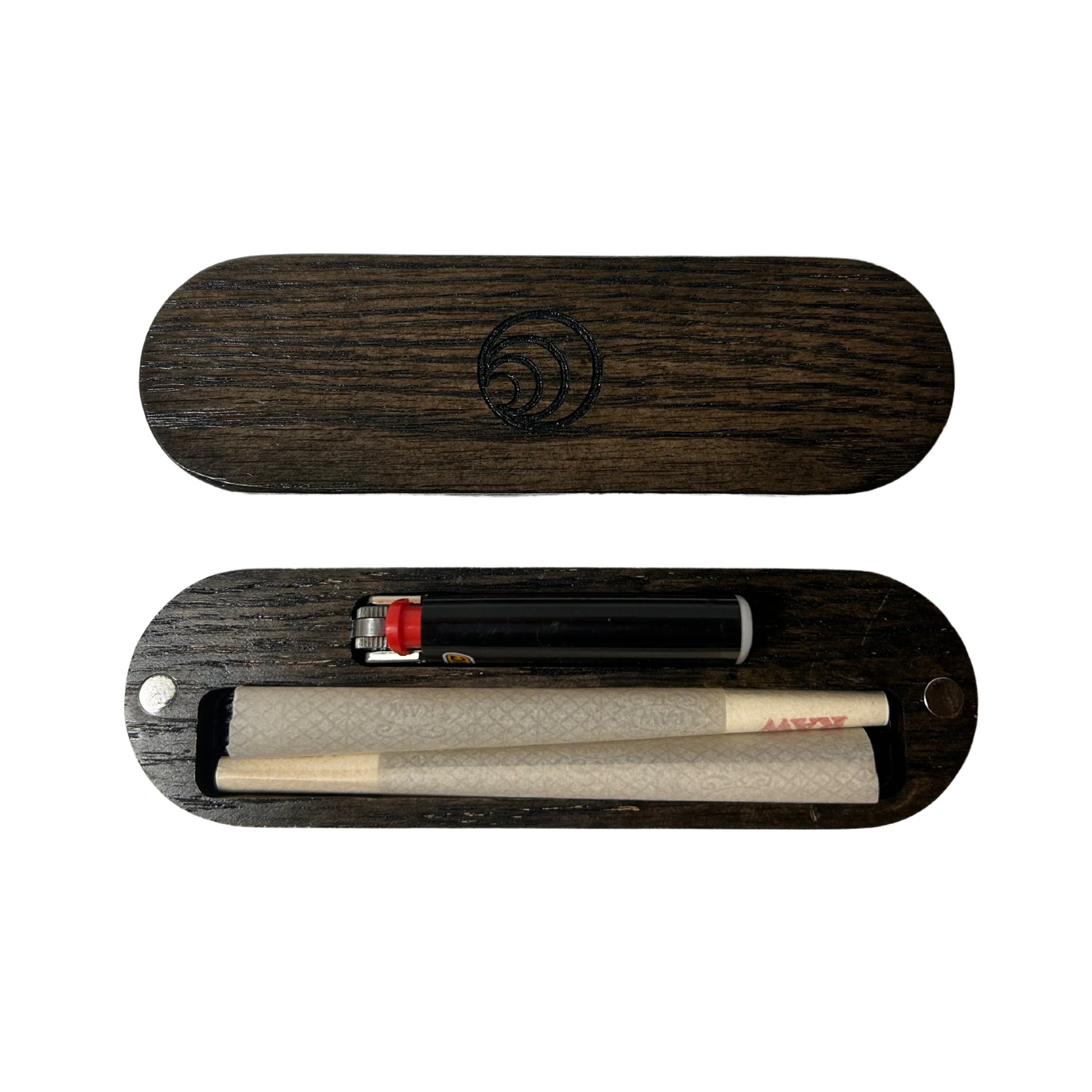 A handcrafted oak Lighter Case designed to securely hold two king-size pre-rolls with a compact, travel-friendly build.