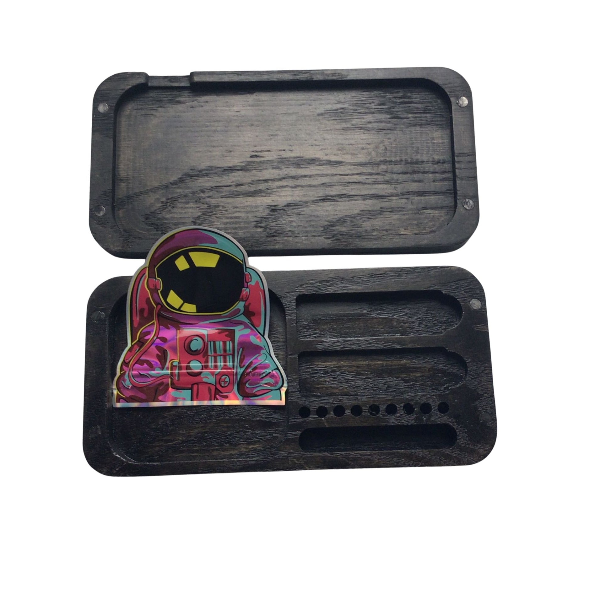 Portable Rolling Tray setup featuring a magnetic lid that lifts off to reveal a smooth rolling surface on the go.