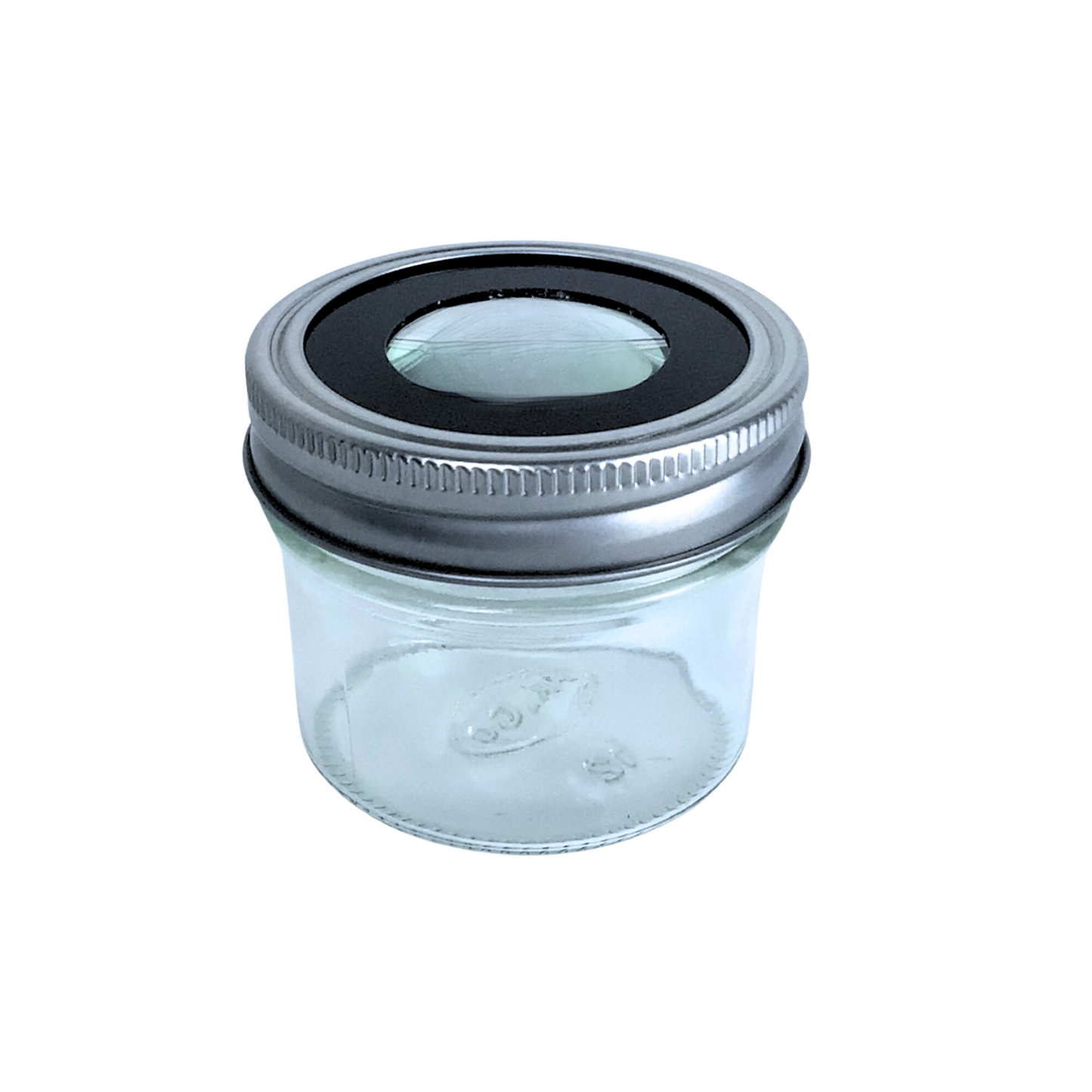 A sleek black magnifying stash jar offering airtight storage for herbs, with a crystal-clear lens for display and inspection.