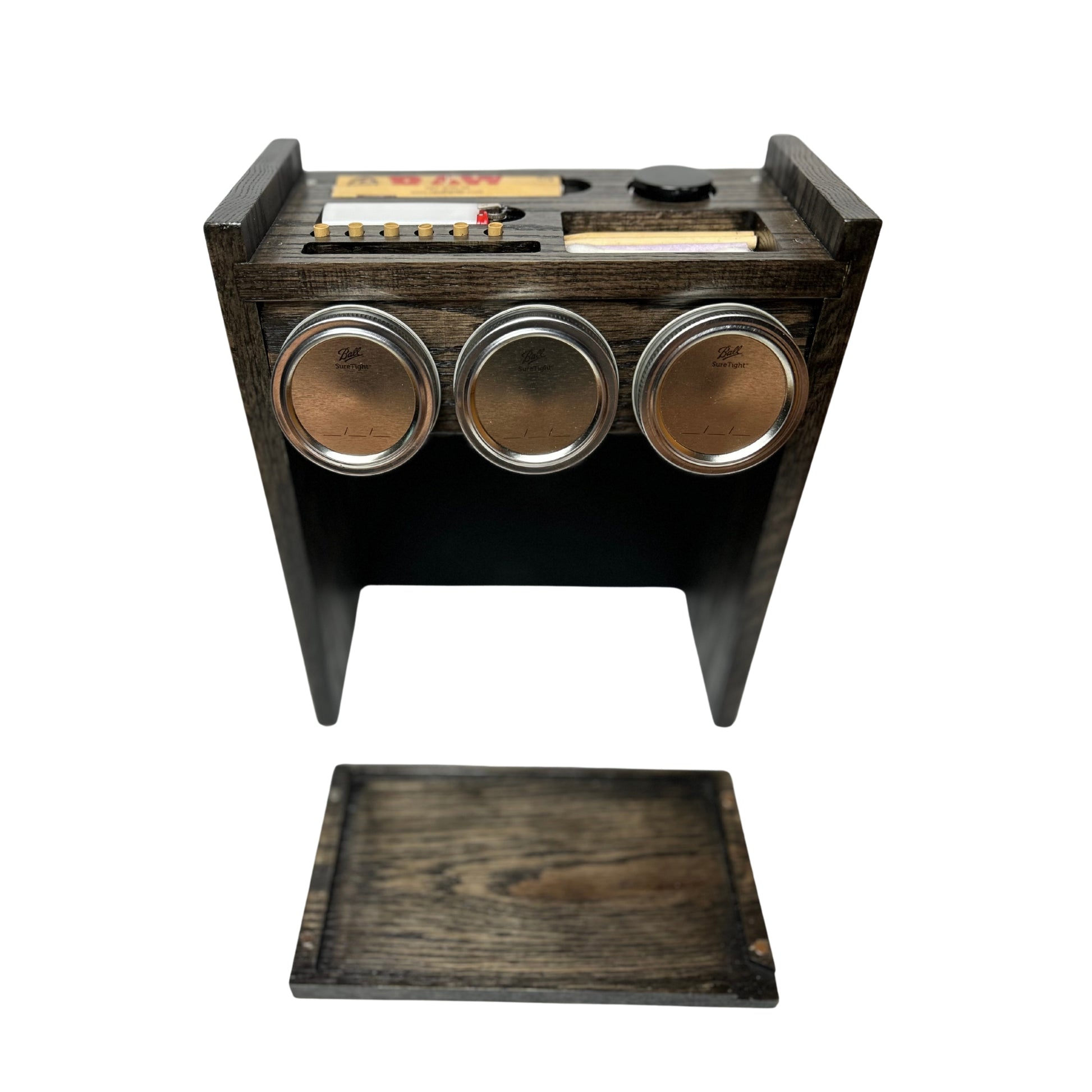 A handcrafted open cabinet designed as a Unique Gift, showcasing neatly arranged mason jars and accessories in a stylish display.