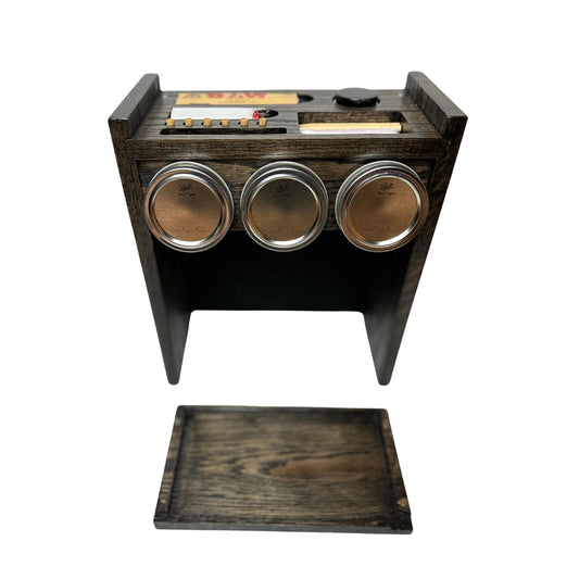 A handcrafted open cabinet designed as a Unique Gift, showcasing neatly arranged mason jars and accessories in a stylish display.