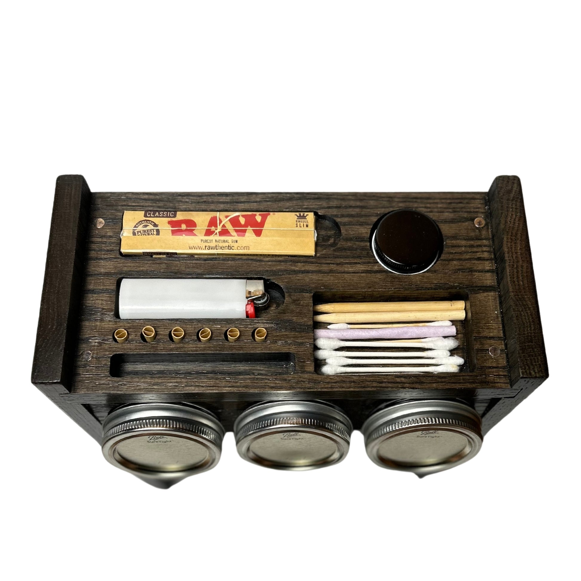 Versatile wooden Stash Box with discreet hidden compartments for accessories, phone, and concentrate jar.