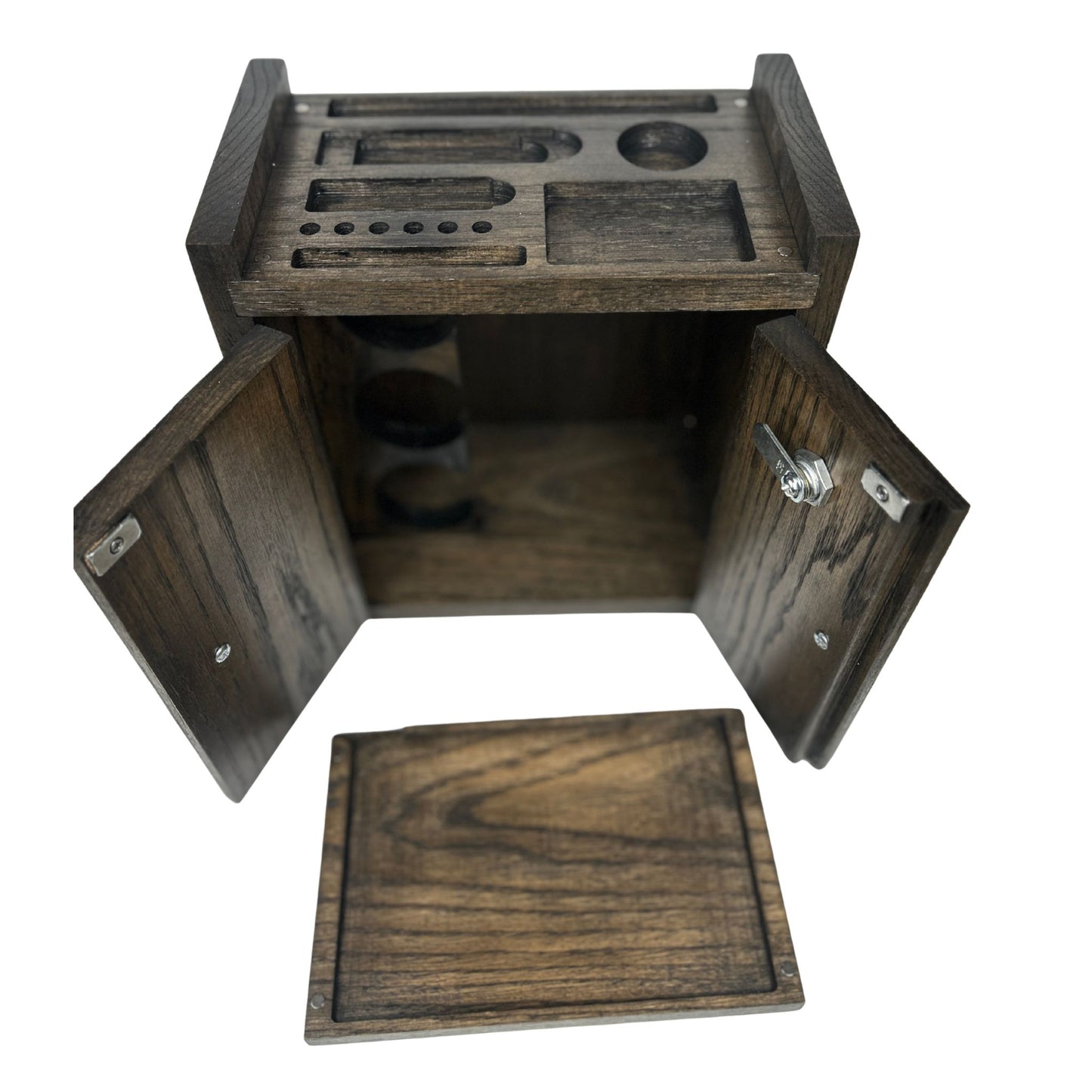 Wooden stash box with compartments and a lid on a white background