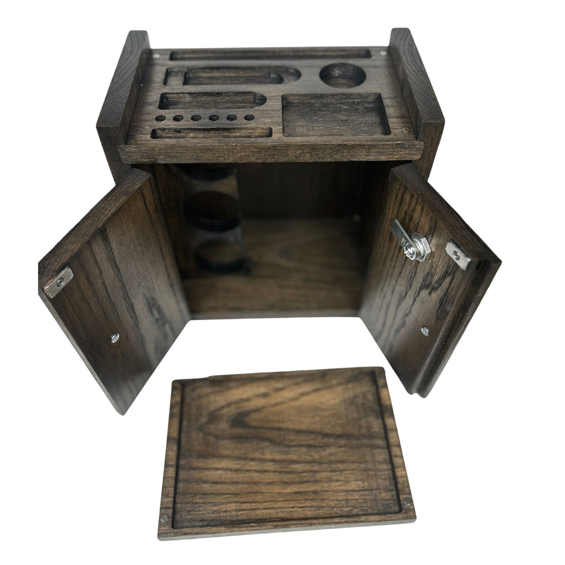 Wooden stash box with compartments and a lid on a white background