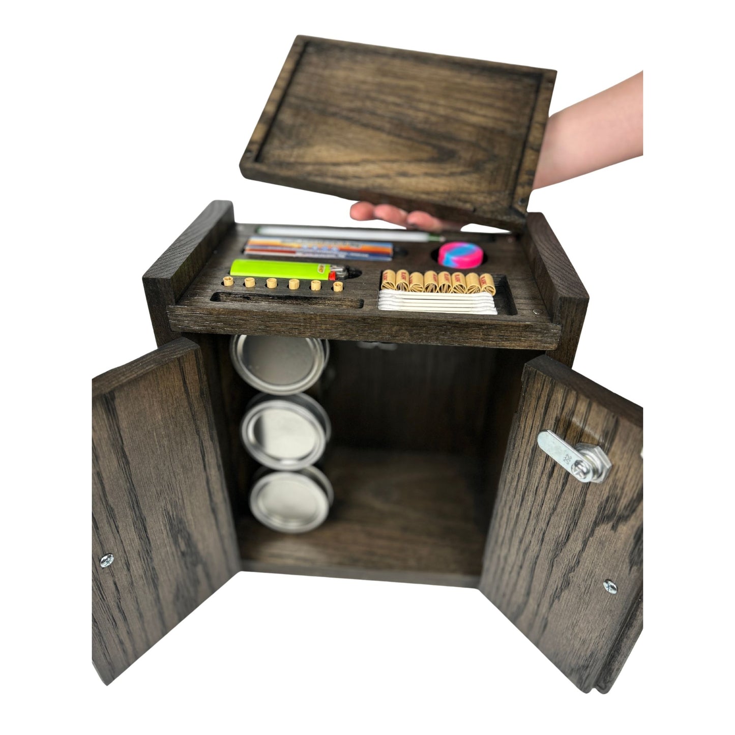 Wooden stash box with compartments and a hand opening it