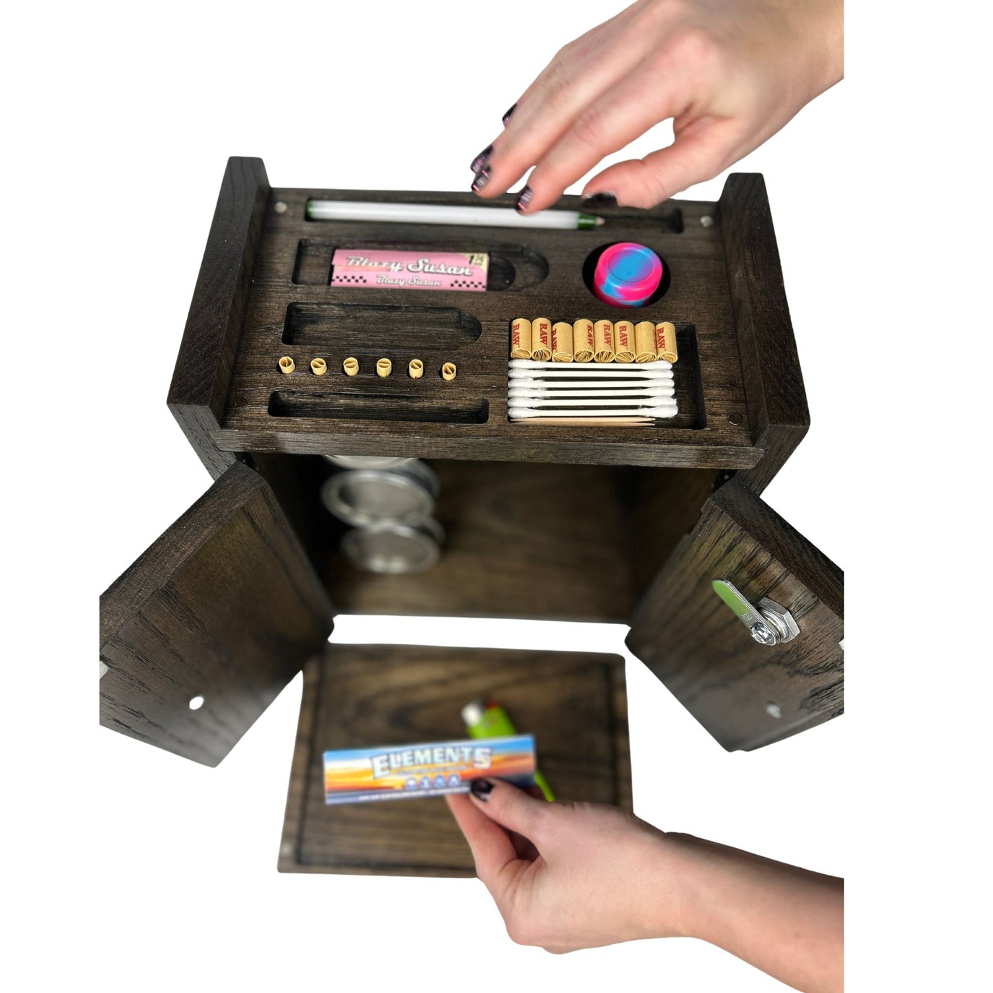 Wooden cabinet lockable stash box with slots for tools, a key, and a colorful silicone jar on a white background