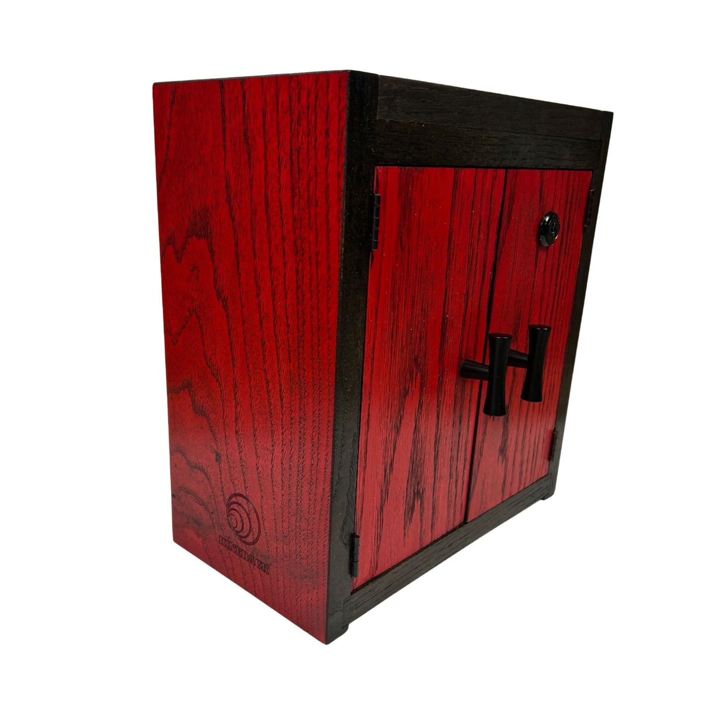 Red wooden stash box cabinet with black trim on a white background