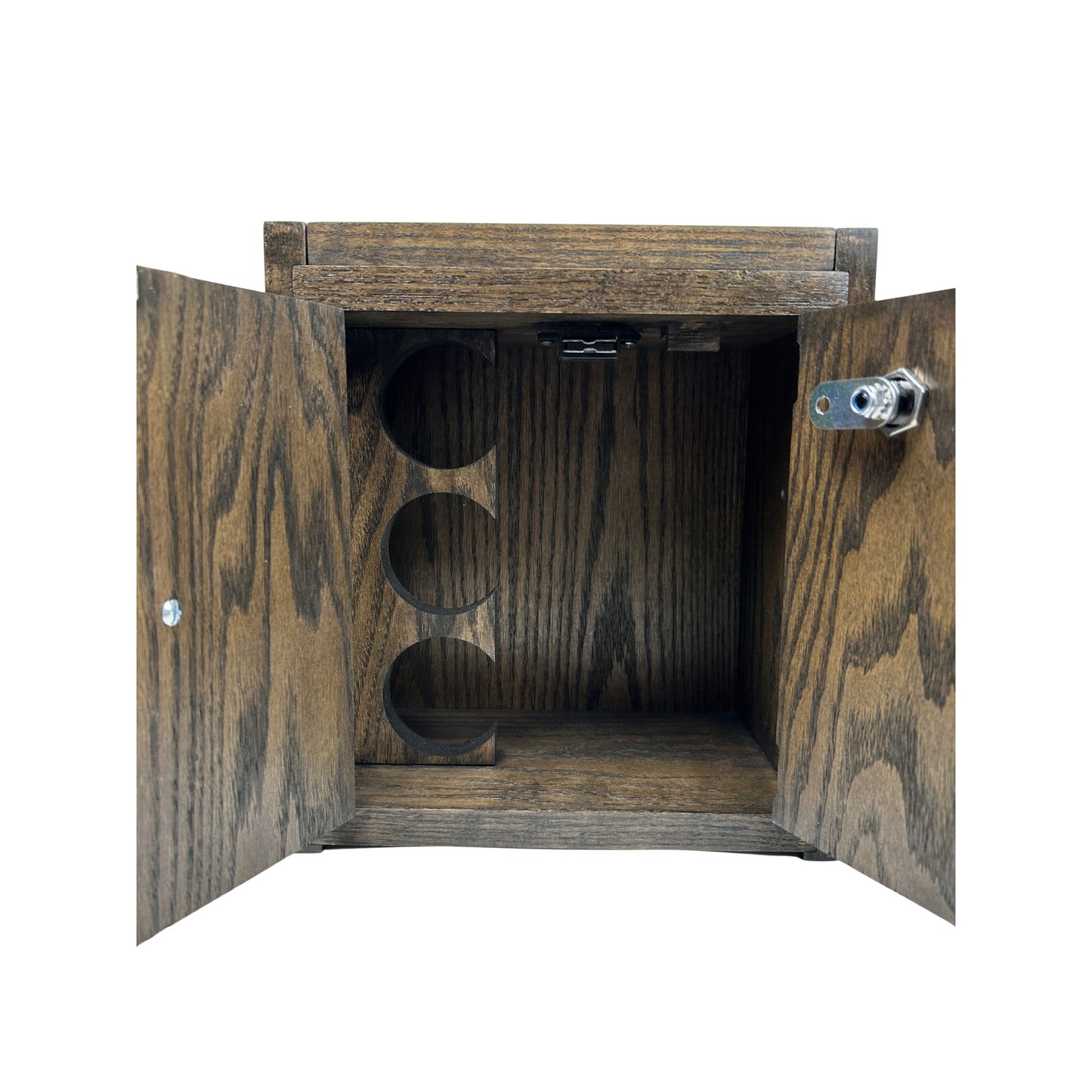 Open Wood Box cabinet revealing multiple glass jars arranged for clean and organized storage.