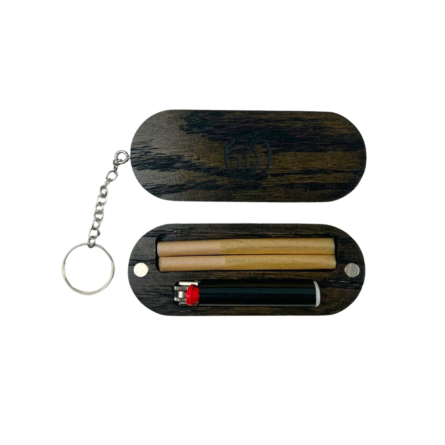 Compact wooden keychain holder with a magnetic closure, keeping pre-rolls protected during everyday carry.