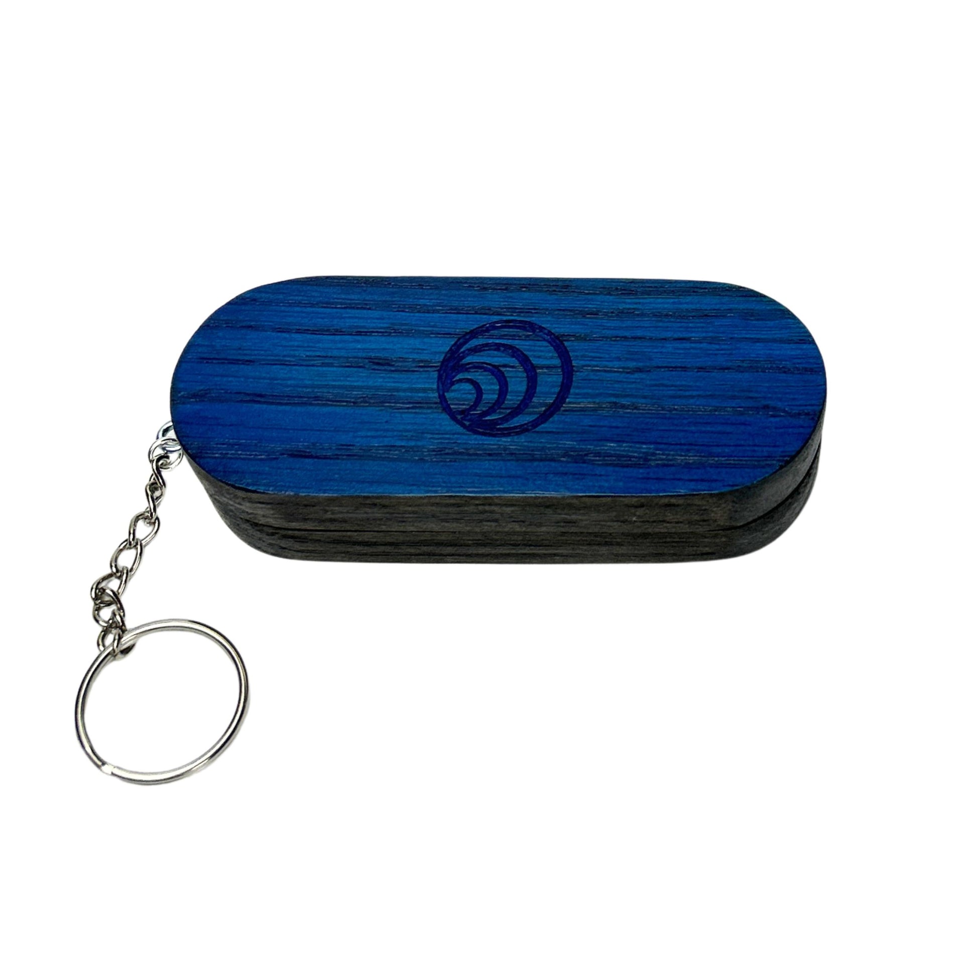 Blue wooden case with a keychain on a white background