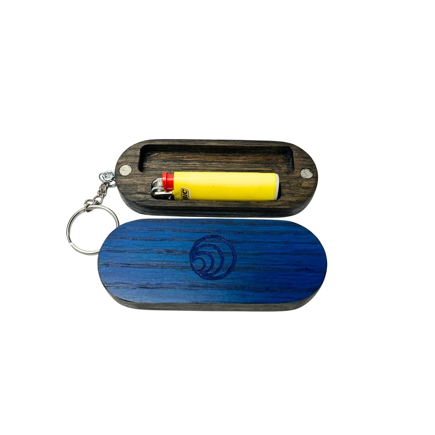 Wooden blue lighter case with a yellow lighter inside on a white background