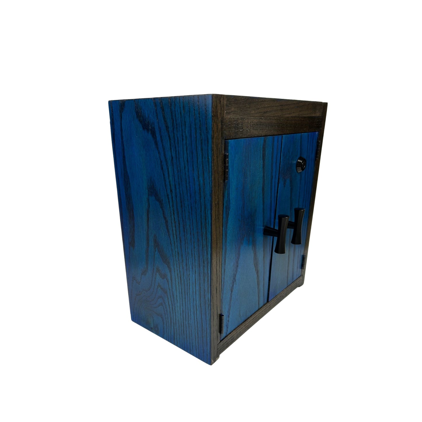 Handcrafted Blue & Black Stash Box Cabinet | Mason or Magnifying Jars, Lock Option