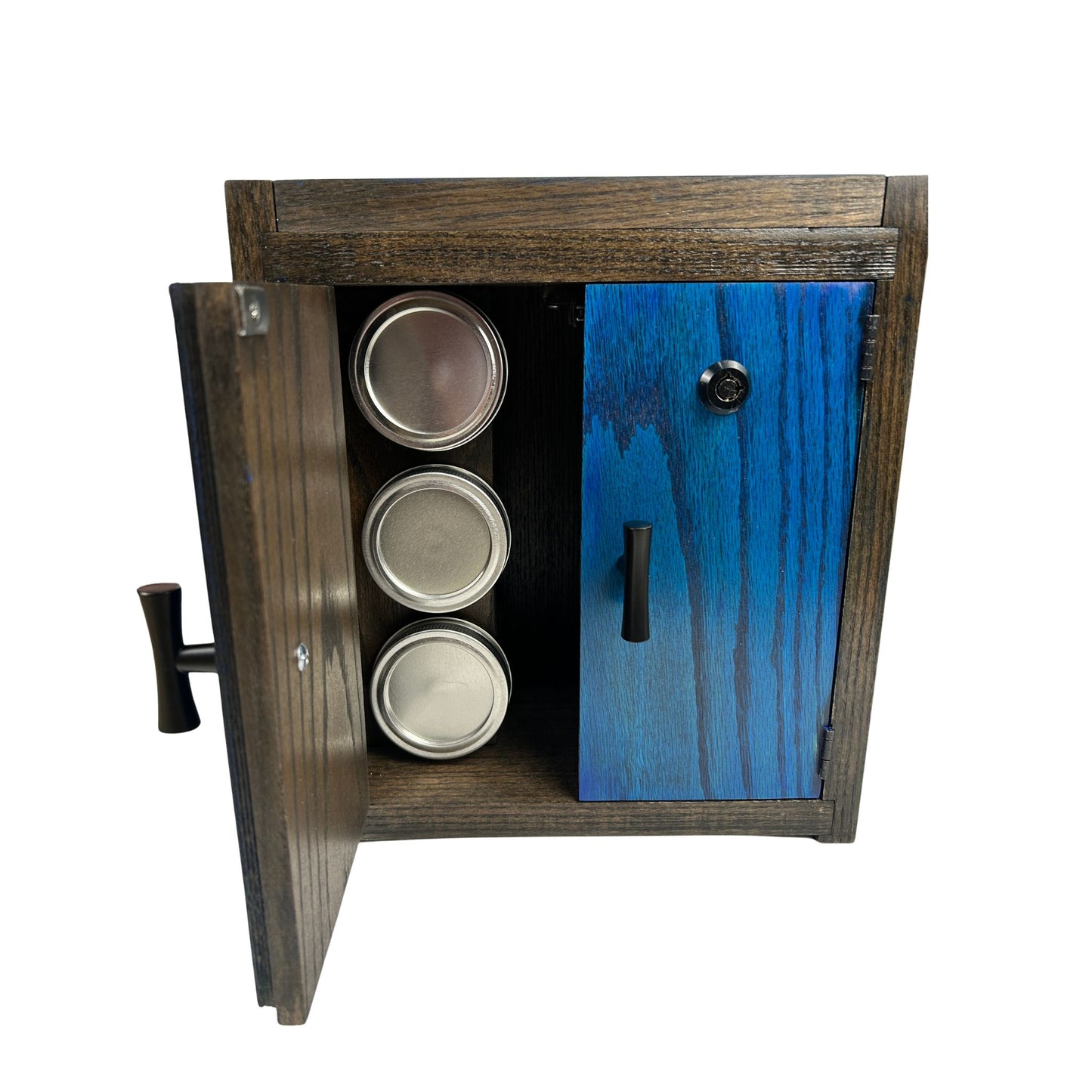 Handcrafted Blue & Black Stash Box Cabinet | Mason or Magnifying Jars, Lock Option