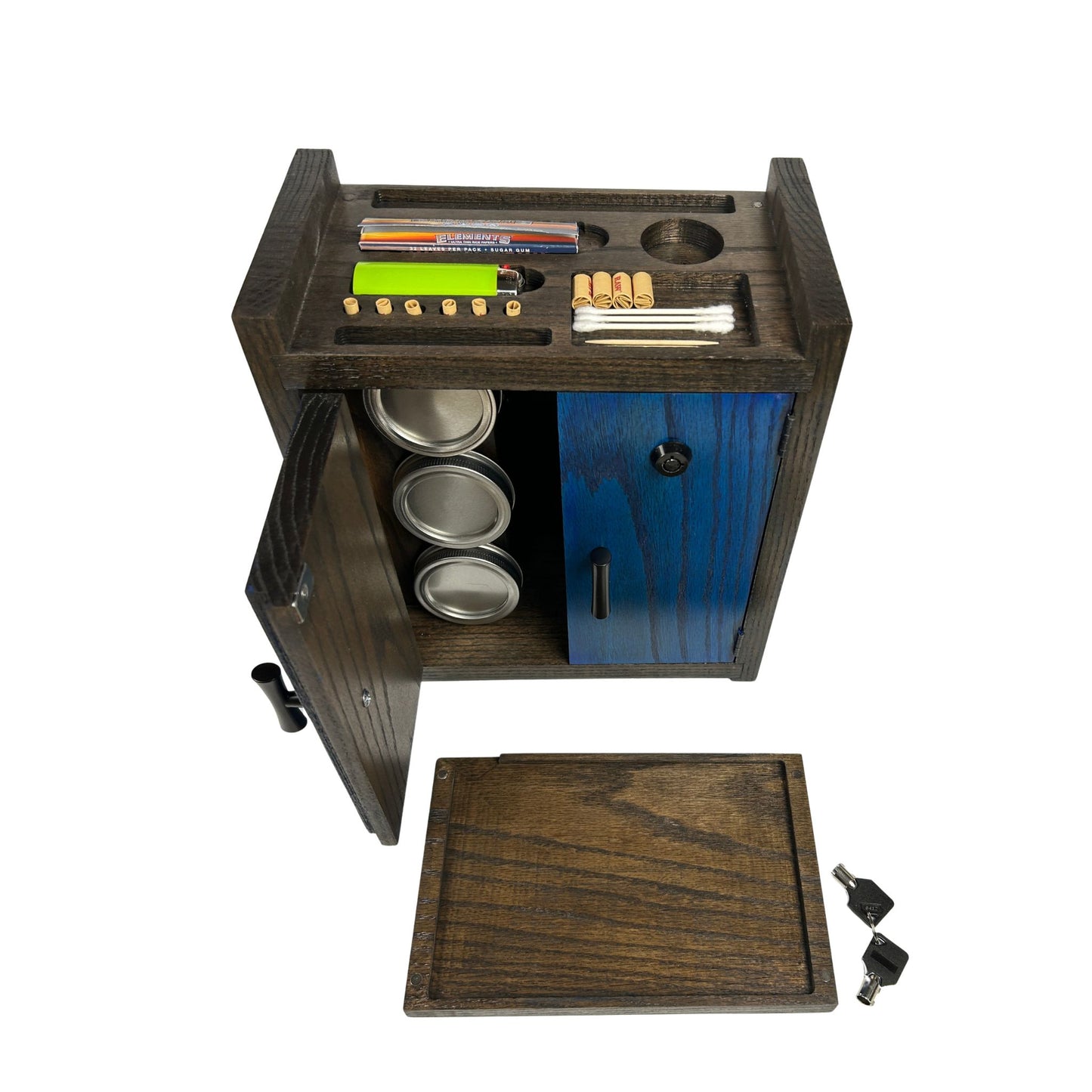 Handcrafted Blue & Black Stash Box Cabinet | Mason or Magnifying Jars, Lock Option