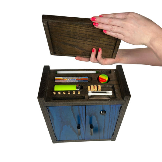Handcrafted Blue & Black Stash Box Cabinet | Mason or Magnifying Jars, Lock Option