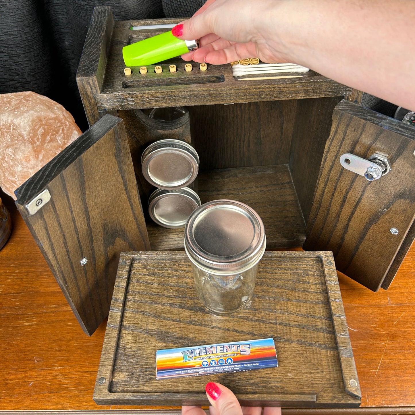 Handcrafted Blue & Black Stash Box Cabinet | Mason or Magnifying Jars, Lock Option