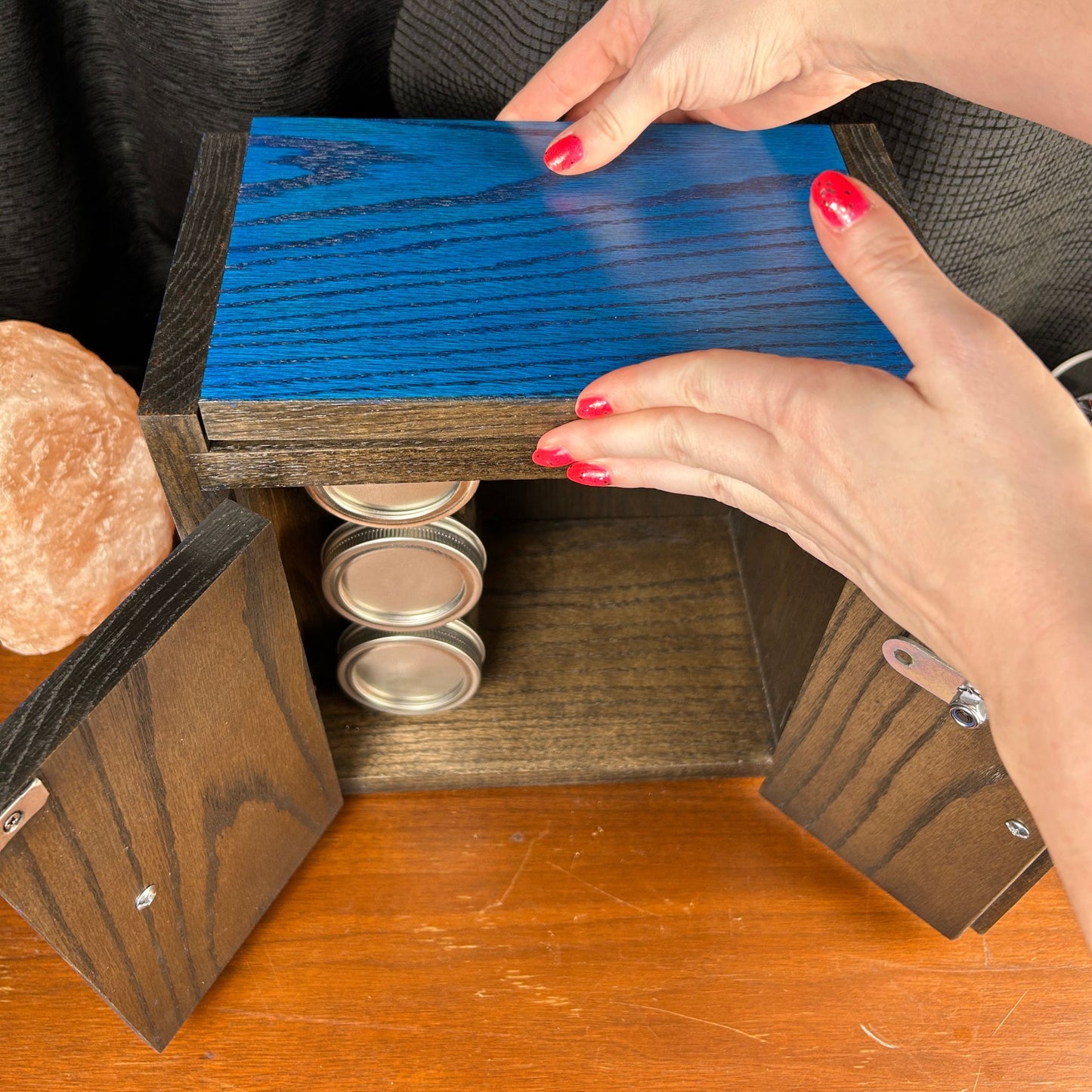 Handcrafted Blue & Black Stash Box Cabinet | Mason or Magnifying Jars, Lock Option