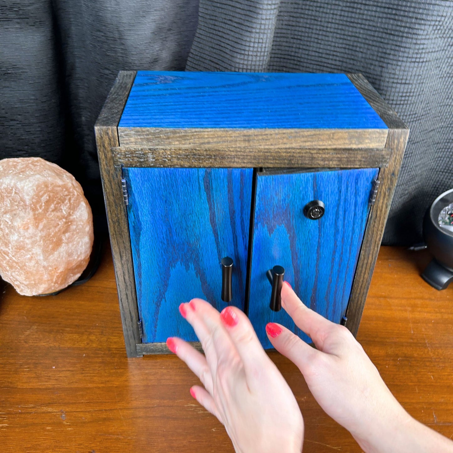 Handcrafted Blue & Black Stash Box Cabinet | Mason or Magnifying Jars, Lock Option