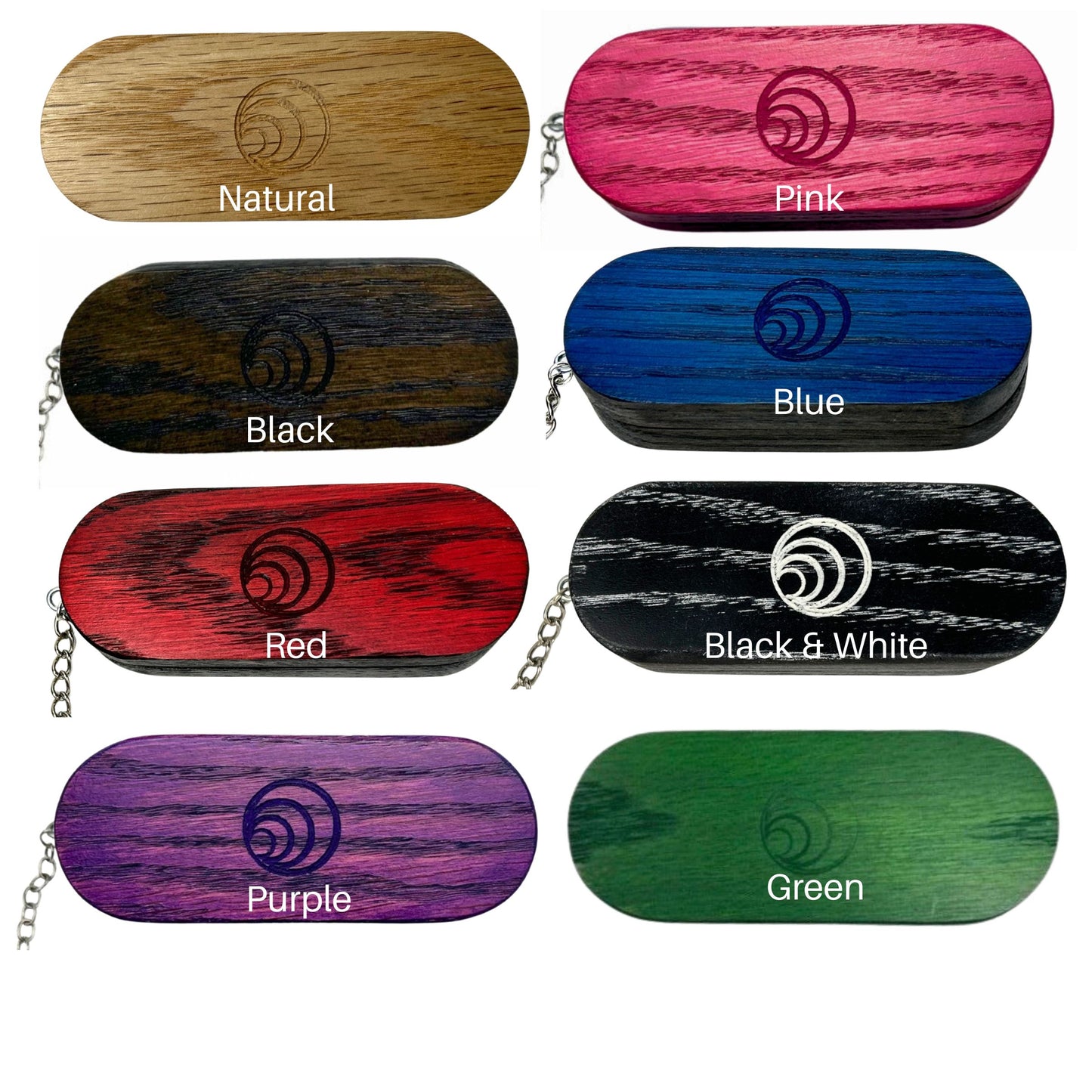 Wooden keychain cases in various colors with labels on a white background