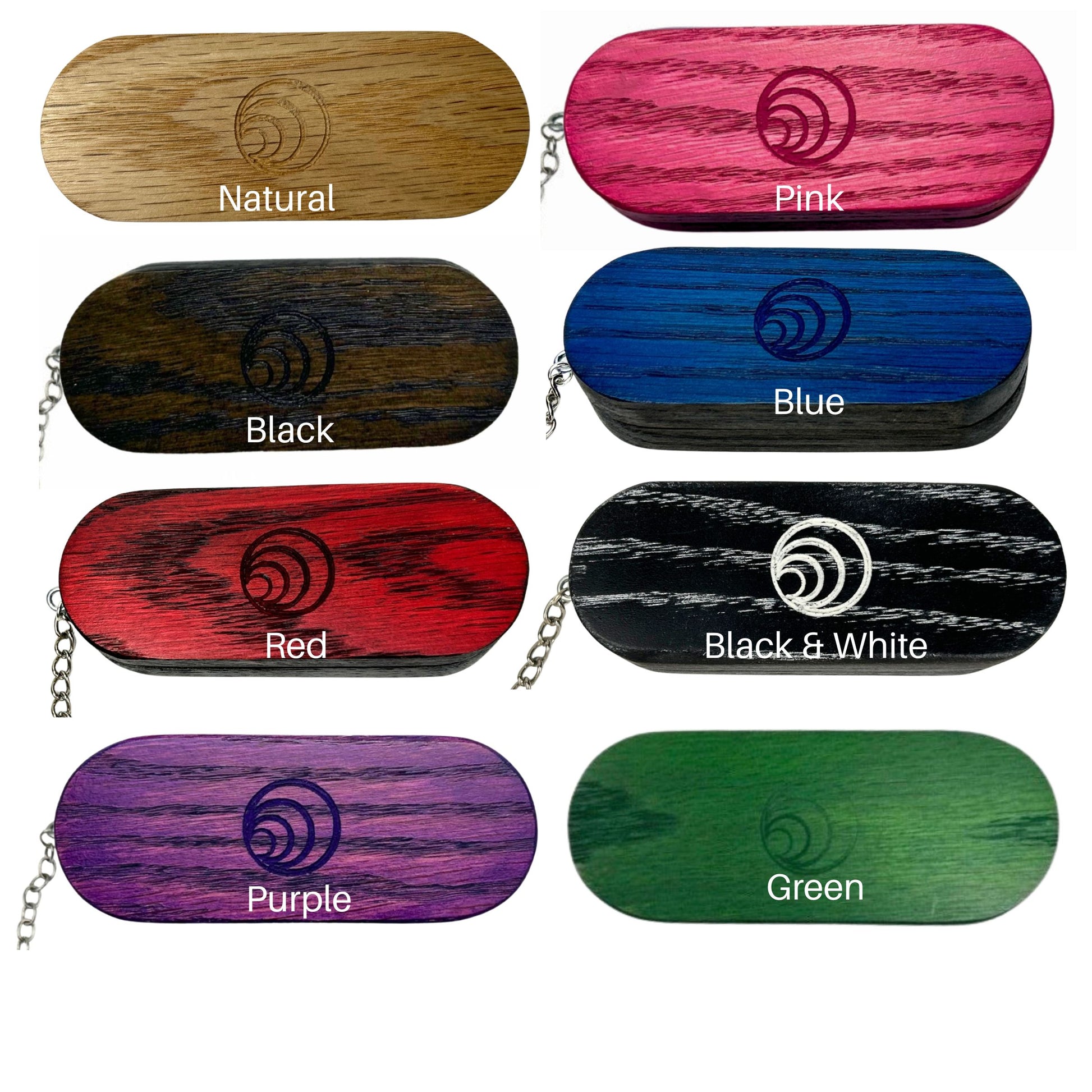 Wooden keychain cases in various colors with labels on a white background