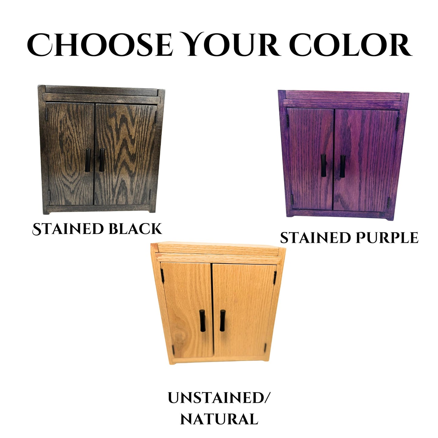 Three wooden cabinets with different finishes on a white background.