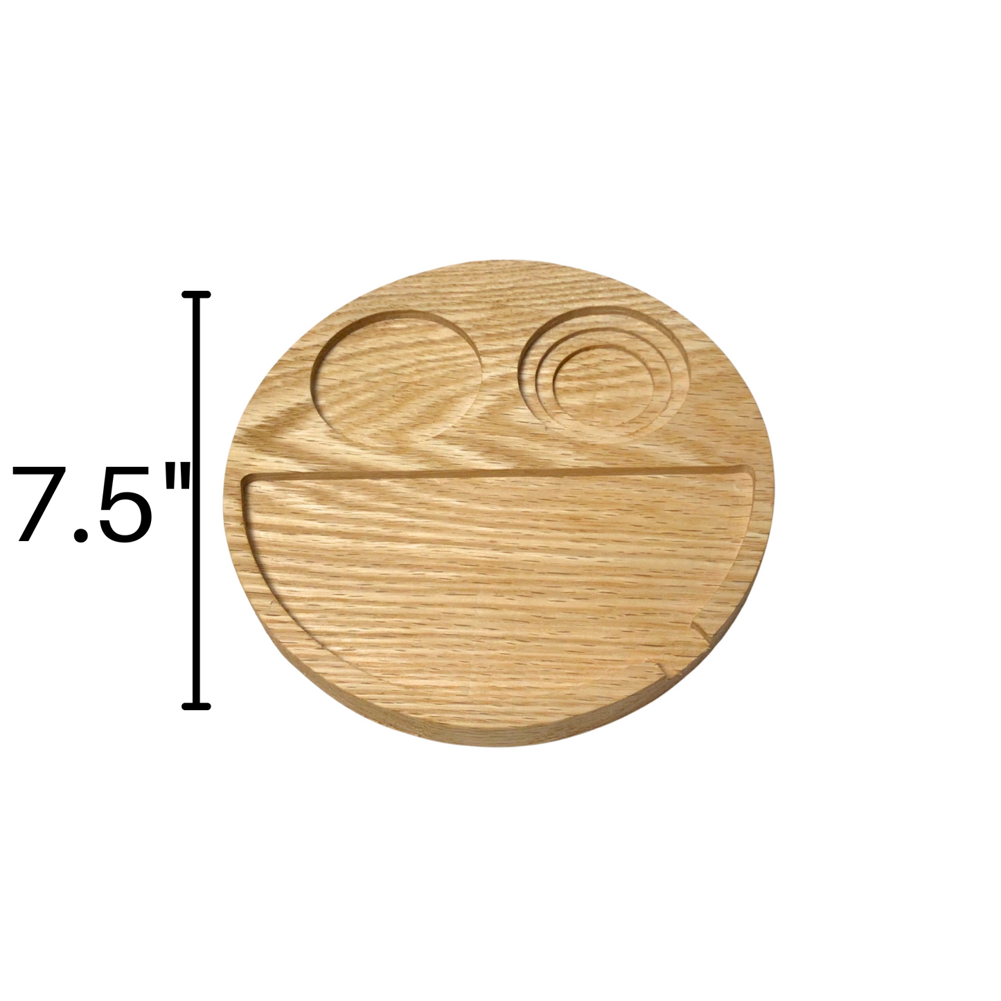 7.5 diameter rolling tray that looks like a smiley face. Comes with a magnifying jar an holds a herb grinder