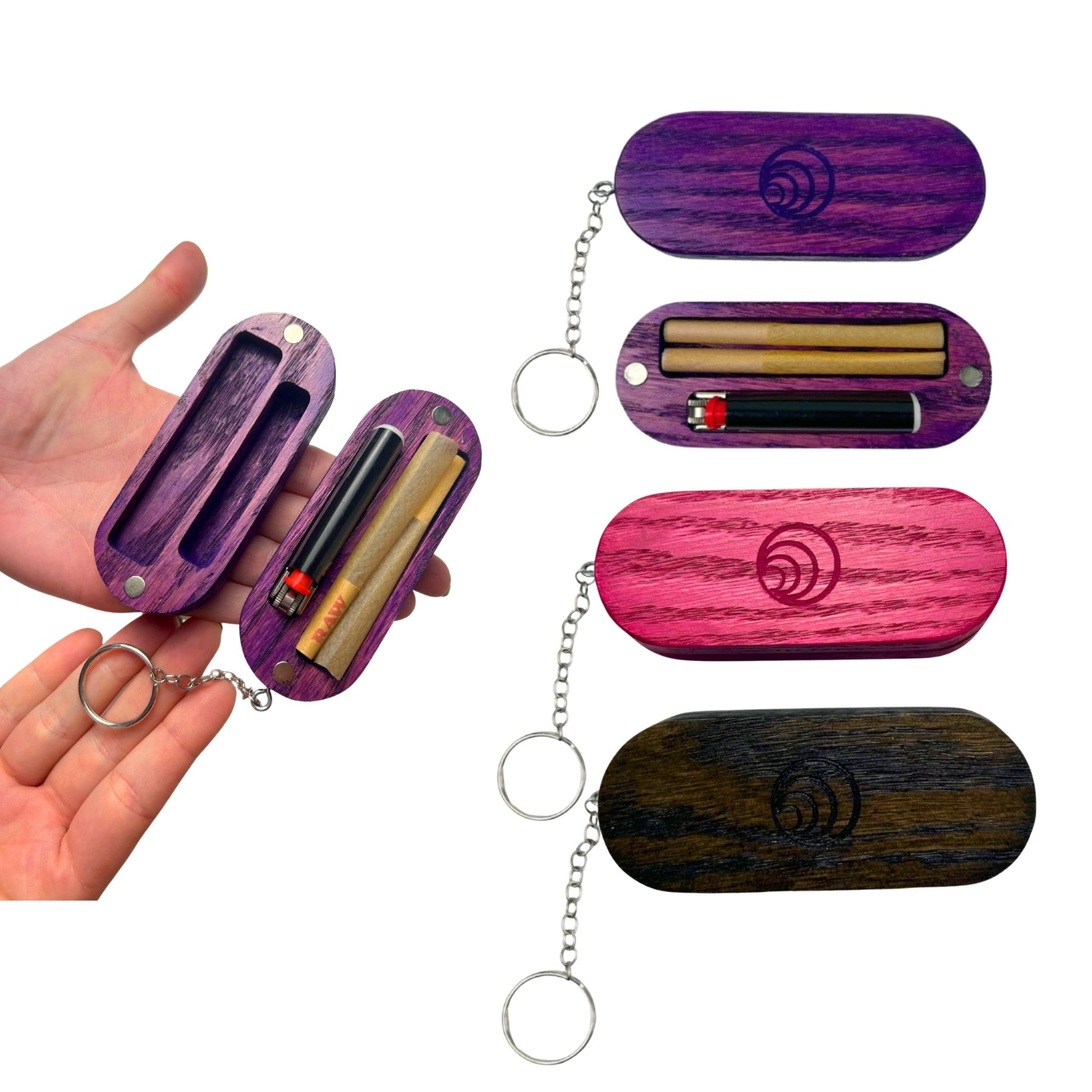 A handcrafted oak keychain case designed to hold pre-rolls securely while clipping easily onto your keys or bag.