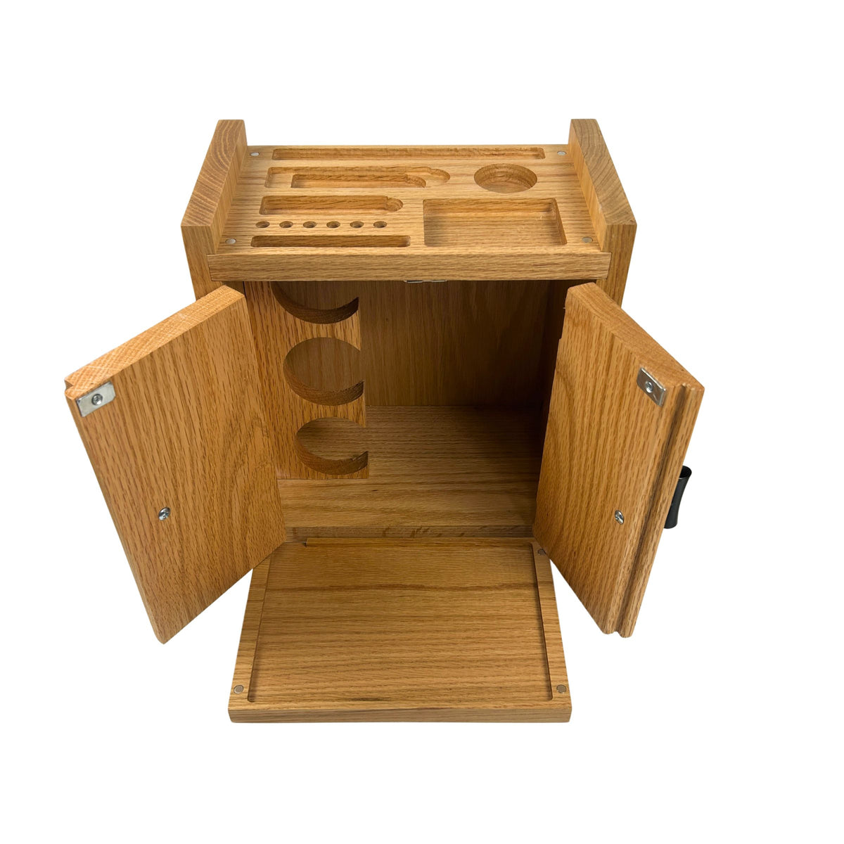 An open wooden cabinet with two doors swung open, showing a light oak wood grain finish and custom cutout compartments on the interior and top surface, photographed against a solid white background.