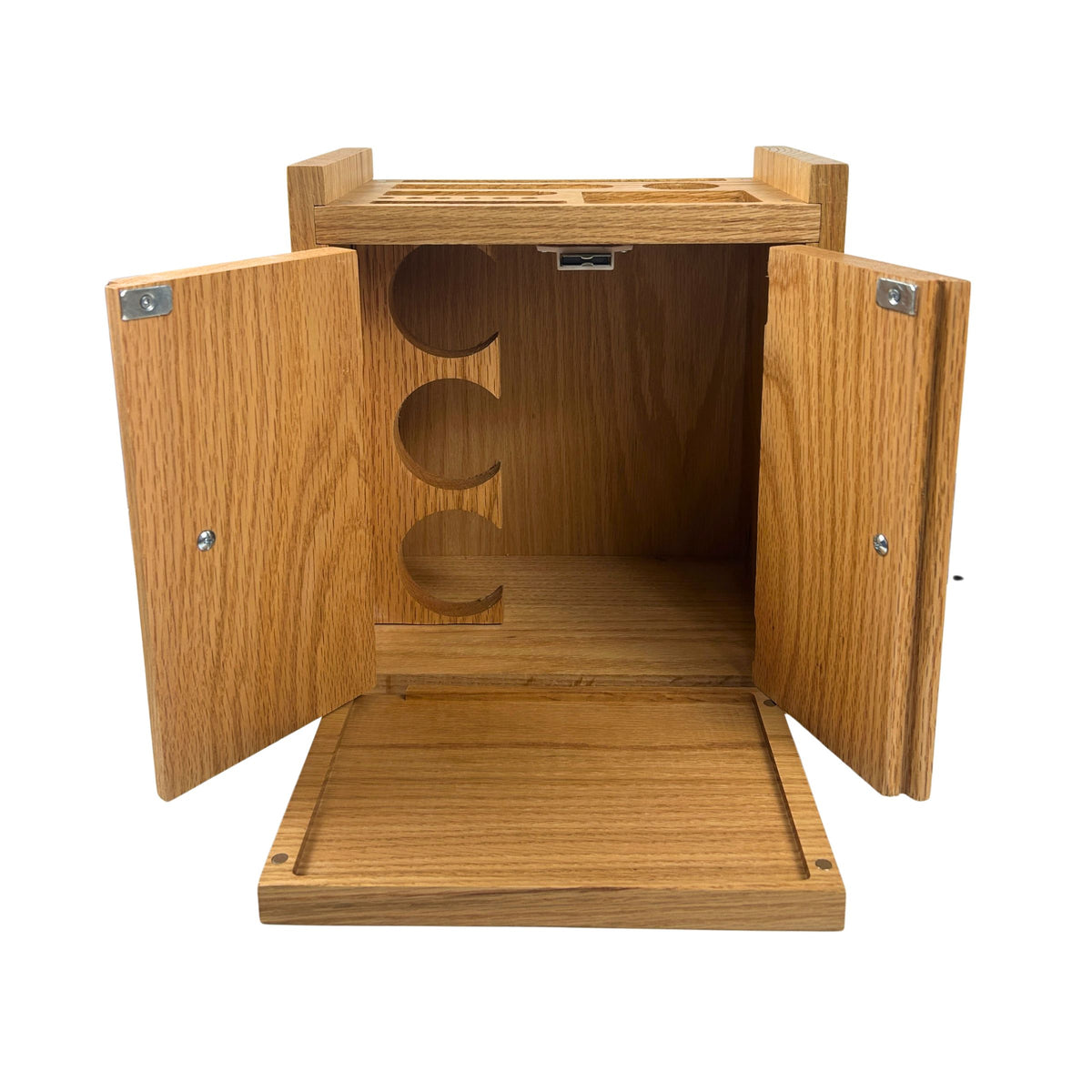 A wooden cabinet with two doors shown open, revealing a three-tier circular jar rack inside and a rolling tray.