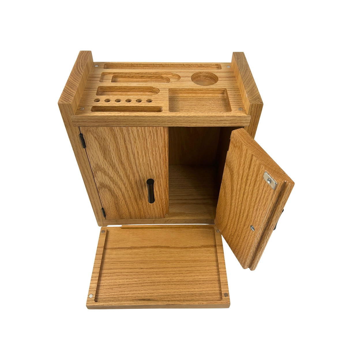 A small wooden cabinet with a hinged door and a rolling tray, shown open on a plain white background. The cabinet has a warm oak-like wood grain finish and includes molded compartments on the top surface.